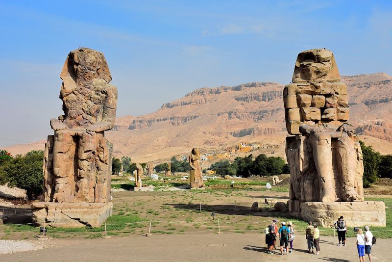 Viewing the Colossi of Memnon with Steigenberger Royale Nile Cruise – two massive statues standing guard on Luxor’s west bank